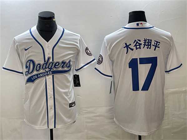 Mens Los Angeles Dodgers #17 Shohei Ohtani White Cool Base With Patch Stitched Baseball Jersey
